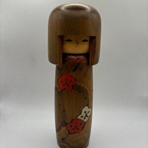 Japanese Usaburo Kokeshi Wooden Doll Sakura Plum Kimono Figure Art Carving 7”